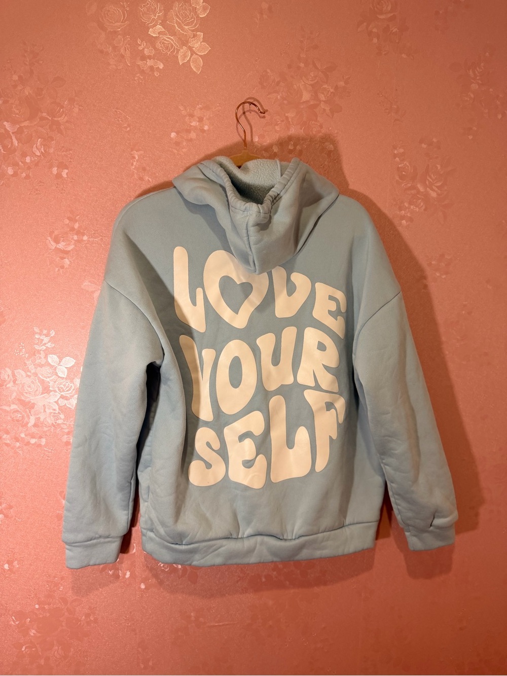 SHEIN Baby Blue Hoodie with White LOVE YOURSELF Graphic